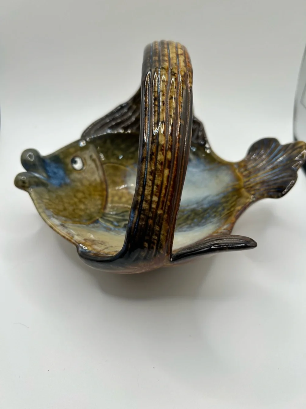 Vintage Handcrafted Ceramic Fish Bowl - Olive Green and Brown